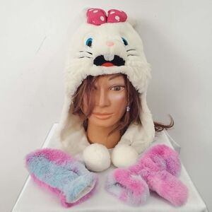 White Hooded Cartoon Bunny Hat Long Ears And Mittens For Little Girls 4-5 Years